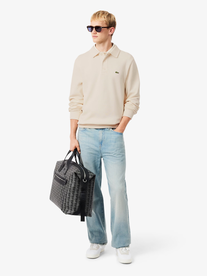 LACOSTE Ribbed Cotton Polo Collar Sweatshirt Ecru White - MAISONDEFASHION.COM