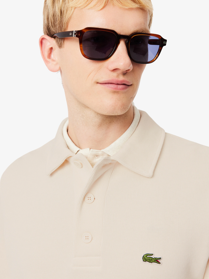 LACOSTE Ribbed Cotton Polo Collar Sweatshirt Ecru White - MAISONDEFASHION.COM