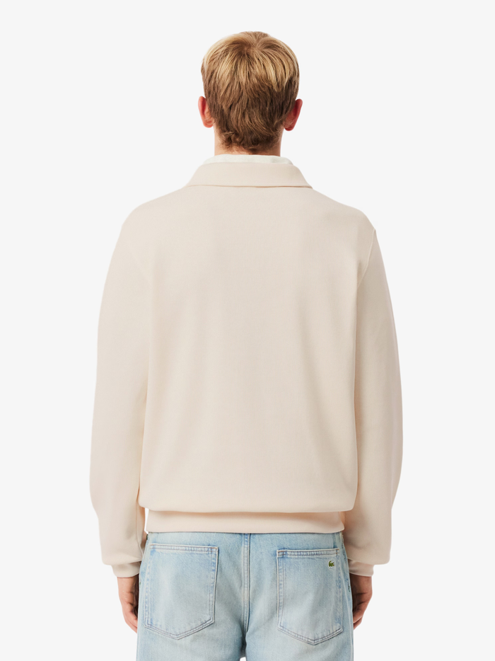 LACOSTE Ribbed Cotton Polo Collar Sweatshirt Ecru White - MAISONDEFASHION.COM