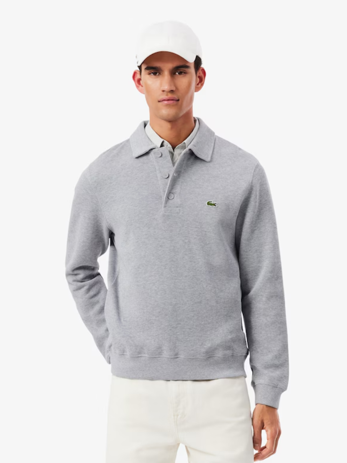 LACOSTE Ribbed Cotton Polo Collar Sweatshirt Light Heathered Grey - MAISONDEFASHION.COM