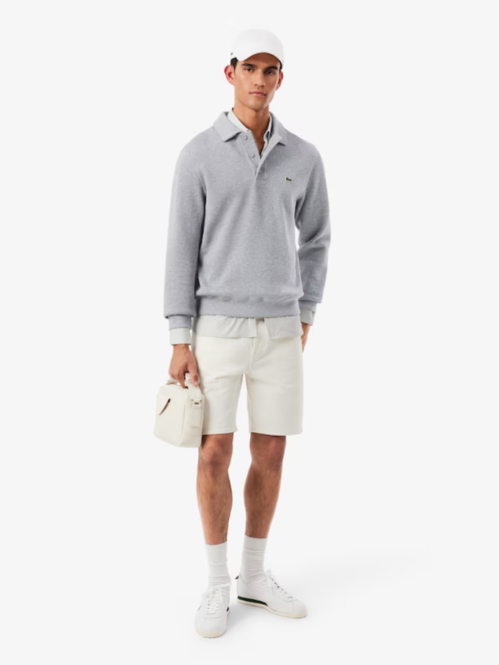 LACOSTE Ribbed Cotton Polo Collar Sweatshirt Light Heathered Grey - MAISONDEFASHION.COM