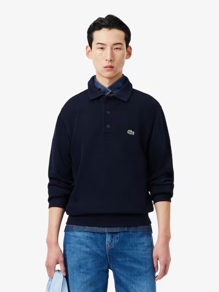 LACOSTE Ribbed Cotton Polo Collar Sweatshirt Midnight Blue - MAISONDEFASHION.COM