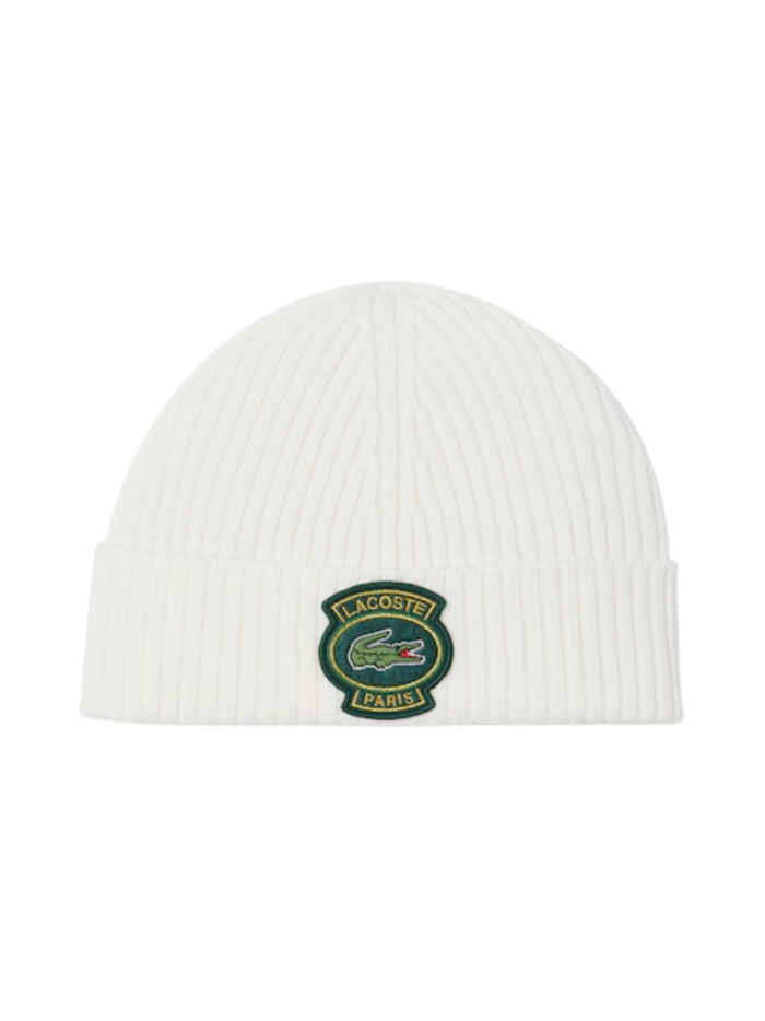 LACOSTE Ribbed Wool Badge Beanie White - MAISONDEFASHION.COM