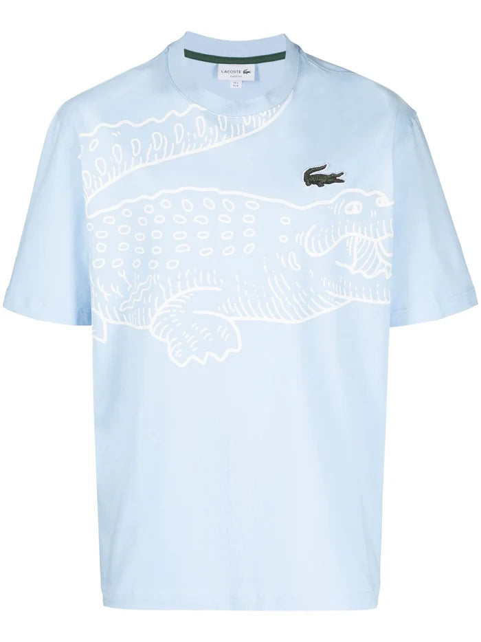 LACOSTE Round Neck Loose Fit Crocodile Print T-shirt Blue - MAISONDEFASHION.COM