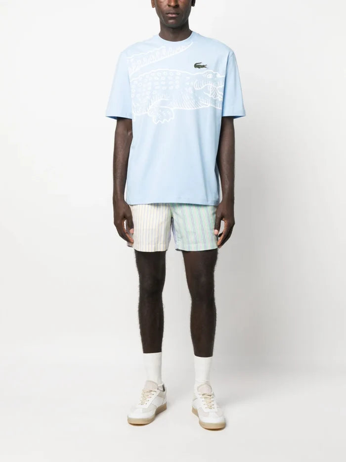 LACOSTE Round Neck Loose Fit Crocodile Print T-shirt Blue - MAISONDEFASHION.COM