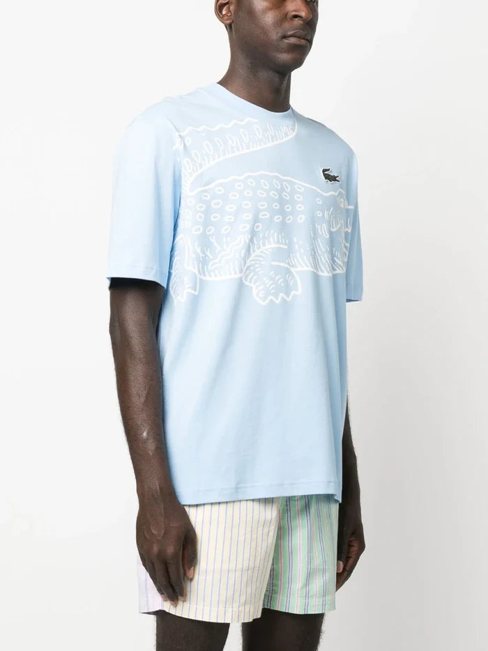 LACOSTE Round Neck Loose Fit Crocodile Print T-shirt Blue - MAISONDEFASHION.COM