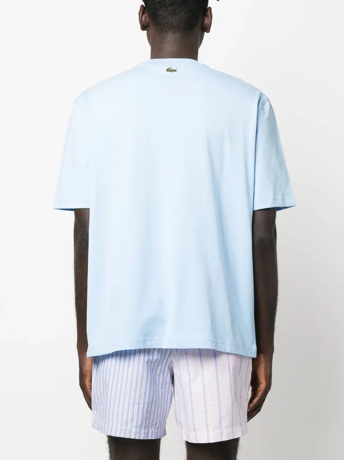 LACOSTE Round Neck Loose Fit Crocodile Print T-shirt Blue - MAISONDEFASHION.COM