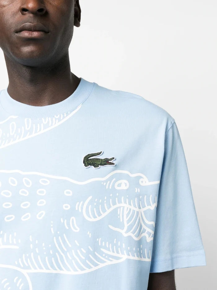 LACOSTE Round Neck Loose Fit Crocodile Print T-shirt Blue - MAISONDEFASHION.COM