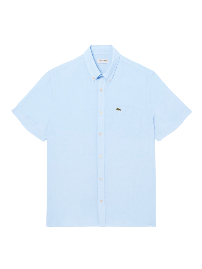 LACOSTE Short Sleeved Linen Shirt Light Blue - MAISONDEFASHION.COM