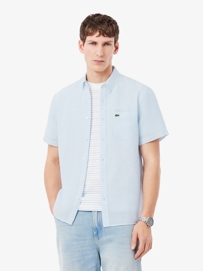 LACOSTE Short Sleeved Linen Shirt Light Blue - MAISONDEFASHION.COM