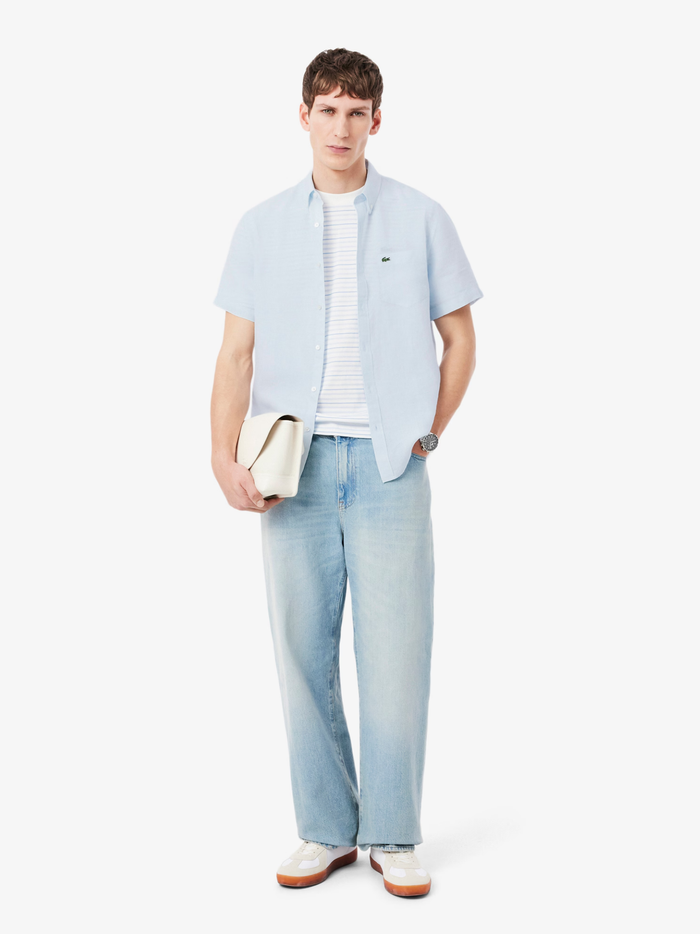 LACOSTE Short Sleeved Linen Shirt Light Blue - MAISONDEFASHION.COM