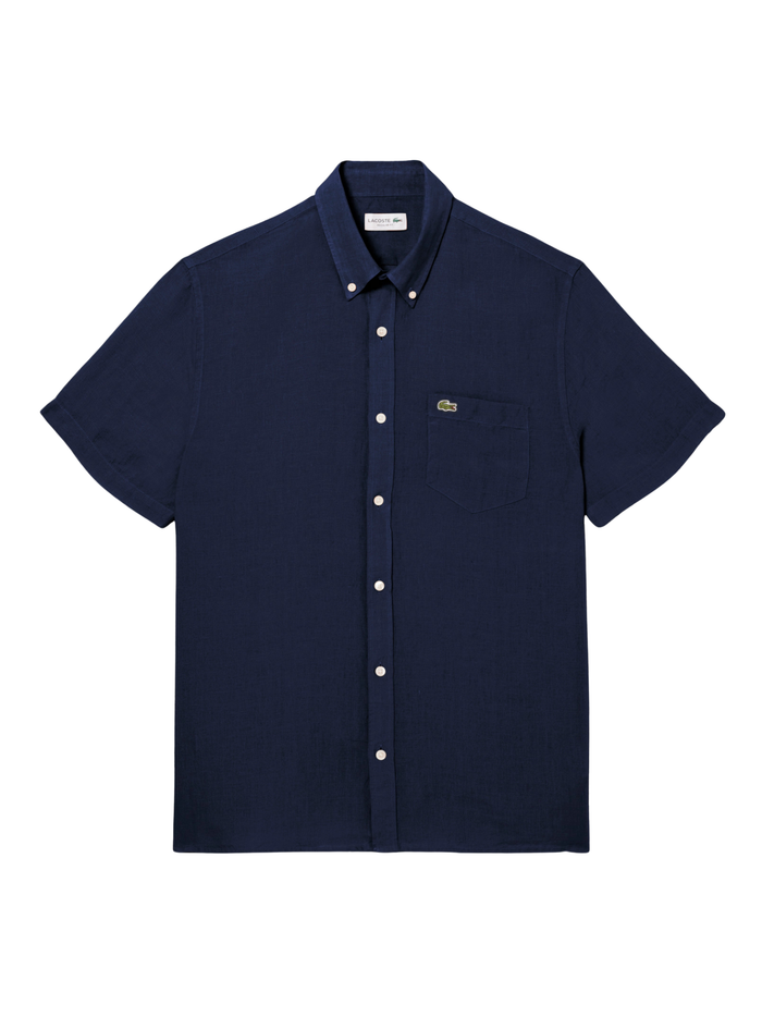 LACOSTE Short Sleeved Linen Shirt Midnight Blue - MAISONDEFASHION.COM