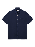 LACOSTE Short Sleeved Linen Shirt Midnight Blue - MAISONDEFASHION.COM