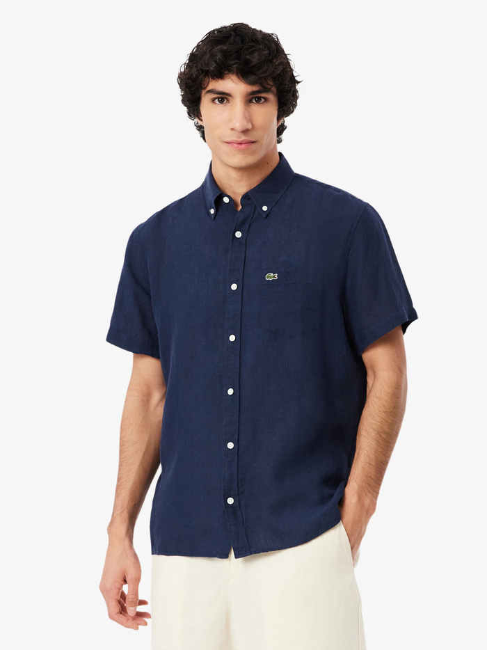 LACOSTE Short Sleeved Linen Shirt Midnight Blue - MAISONDEFASHION.COM