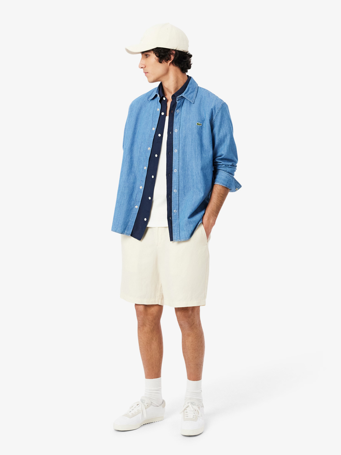LACOSTE Short Sleeved Linen Shirt Midnight Blue - MAISONDEFASHION.COM