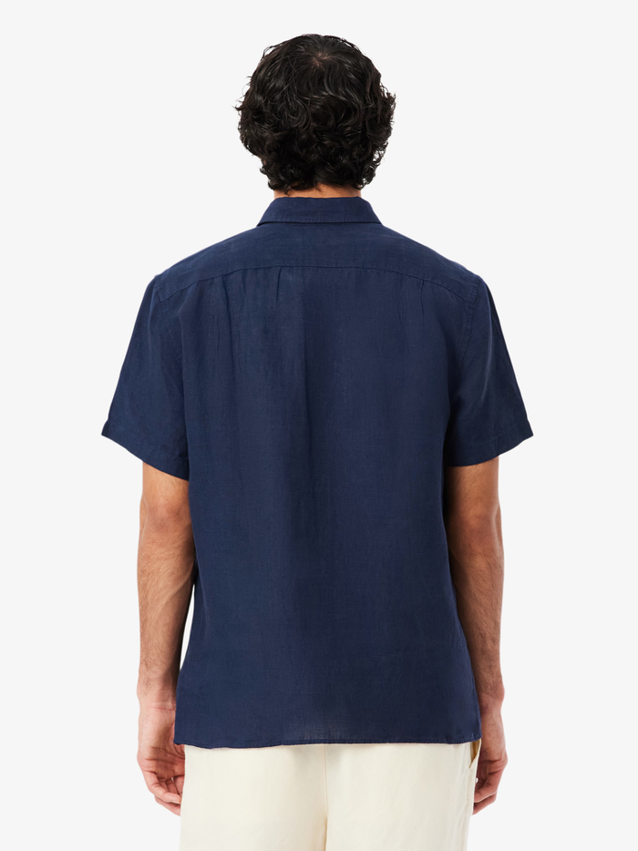 LACOSTE Short Sleeved Linen Shirt Midnight Blue - MAISONDEFASHION.COM