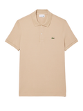Man wearing beige LACOSTE L.12.12 slim fit piqué polo shirt with signature green crocodile logo and two-button placket