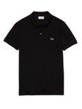 Man wearing black LACOSTE L.12.12 slim fit piqué polo shirt with signature green crocodile logo and two-button placket