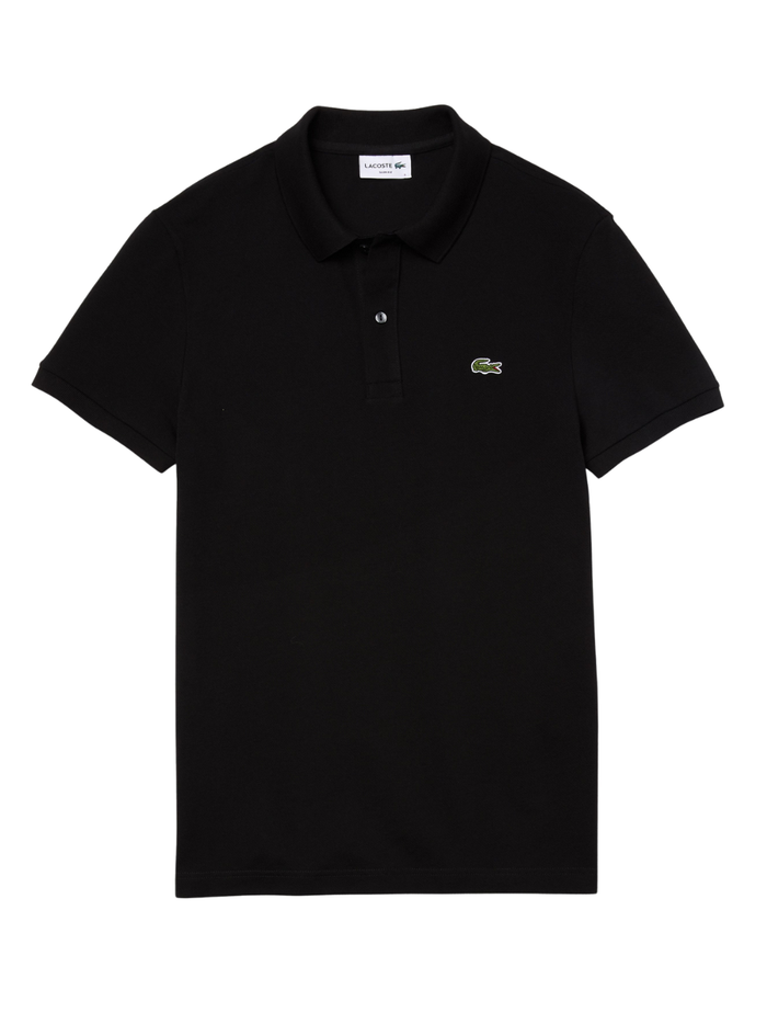 Man wearing black LACOSTE L.12.12 slim fit piqué polo shirt with signature green crocodile logo and two-button placket