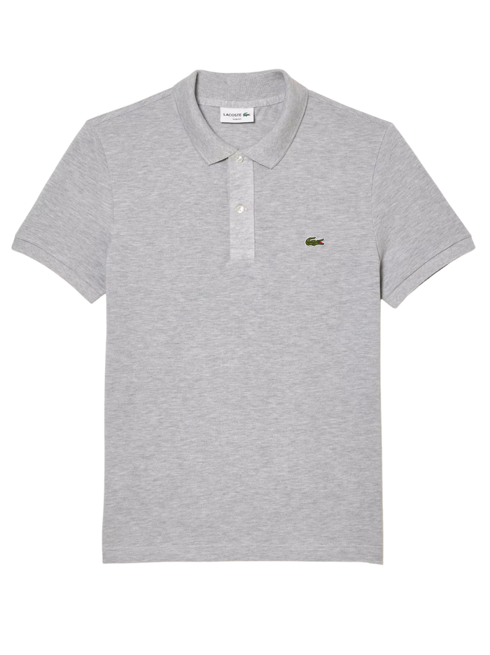 Man wearing grey LACOSTE L.12.12 slim fit piqué polo shirt with signature green crocodile logo and two-button placket