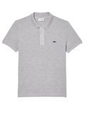 Man wearing grey LACOSTE L.12.12 slim fit piqué polo shirt with signature green crocodile logo and two-button placket