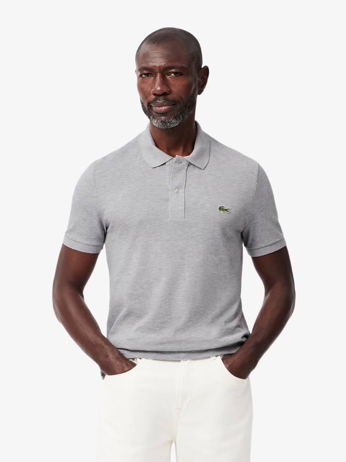 Back view of LACOSTE grey slim fit polo shirt showing classic piqué cotton texture and tailored fit