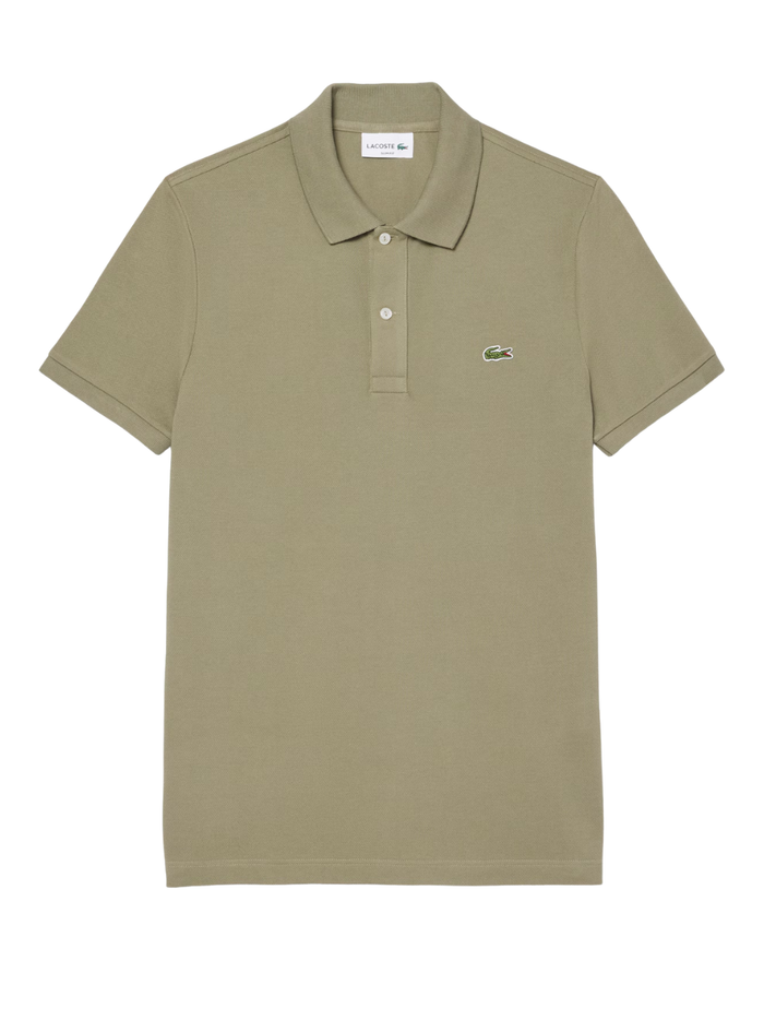 Man wearing khaki green LACOSTE L.12.12 slim fit piqué polo shirt with signature green crocodile logo and two-button placket