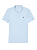 Man wearing light blue LACOSTE L.12.12 slim fit piqué polo shirt with signature green crocodile logo and two-button placket
