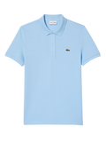 Man wearing pale blue LACOSTE L.12.12 slim fit piqué polo shirt with signature green crocodile logo and two-button placket