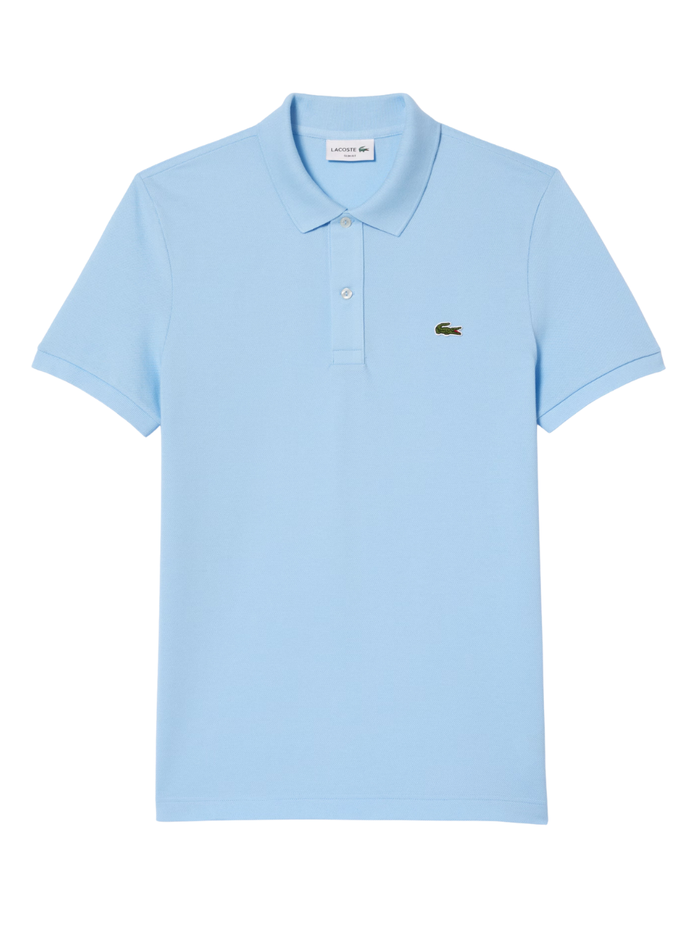 Man wearing pale blue LACOSTE L.12.12 slim fit piqué polo shirt with signature green crocodile logo and two-button placket
