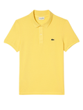 Man wearing pastel yellow LACOSTE L.12.12 slim fit piqué polo shirt with signature green crocodile logo and two-button placket