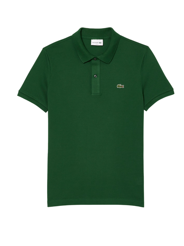 Man wearing pine green LACOSTE L.12.12 slim fit piqué polo shirt with signature green crocodile logo and two-button placket