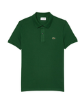 Man wearing pine green LACOSTE L.12.12 slim fit piqué polo shirt with signature green crocodile logo and two-button placket