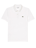Man wearing white LACOSTE L.12.12 slim fit piqué polo shirt with signature green crocodile logo and two-button placket