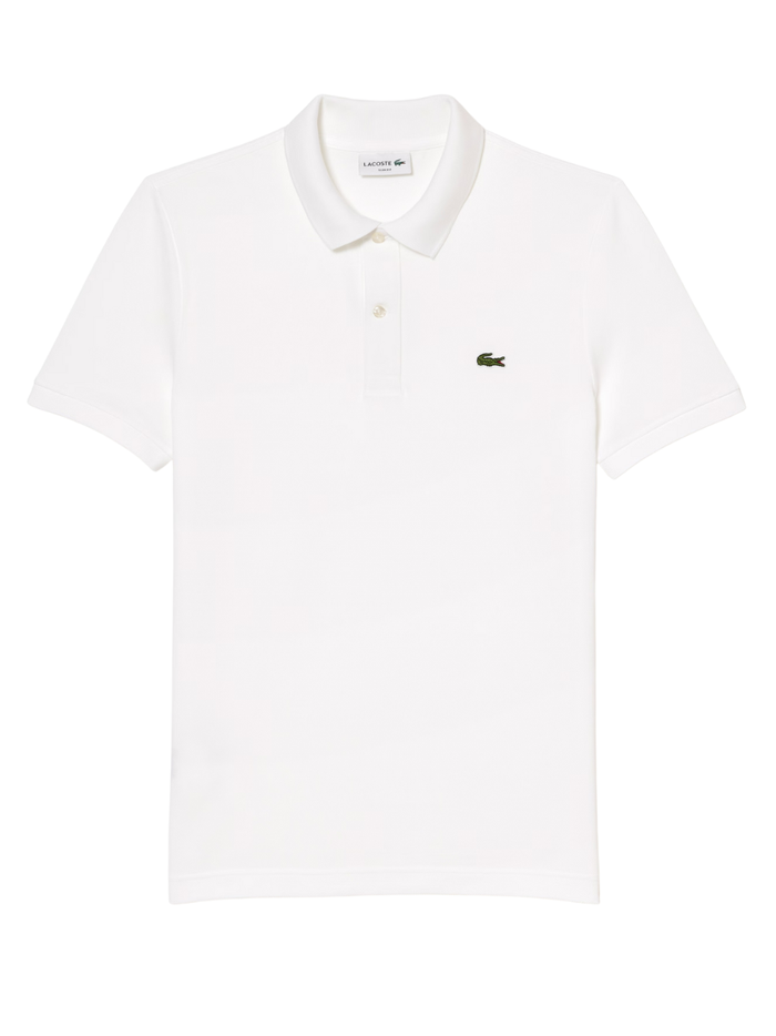 Man wearing white LACOSTE L.12.12 slim fit piqué polo shirt with signature green crocodile logo and two-button placket