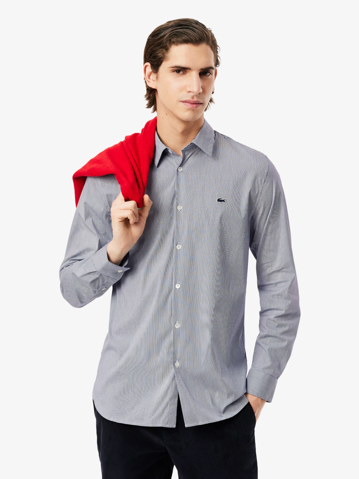 LACOSTE Slim Fit Striped Stretch Poplin Shirt White/Navy - MAISONDEFASHION.COM
