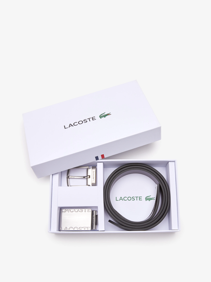 LACOSTE Smooth Leather Belt and 2 Buckle Gift Set Black Brown - MAISONDEFASHION.COM