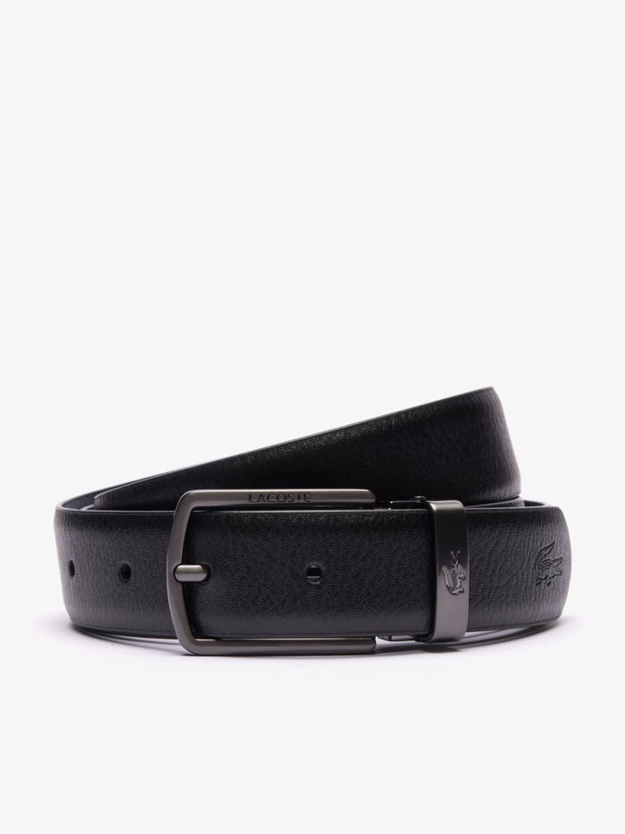 LACOSTE Smooth Leather Belt and 2 Buckle Gift Set Black Navy - MAISONDEFASHION.COM