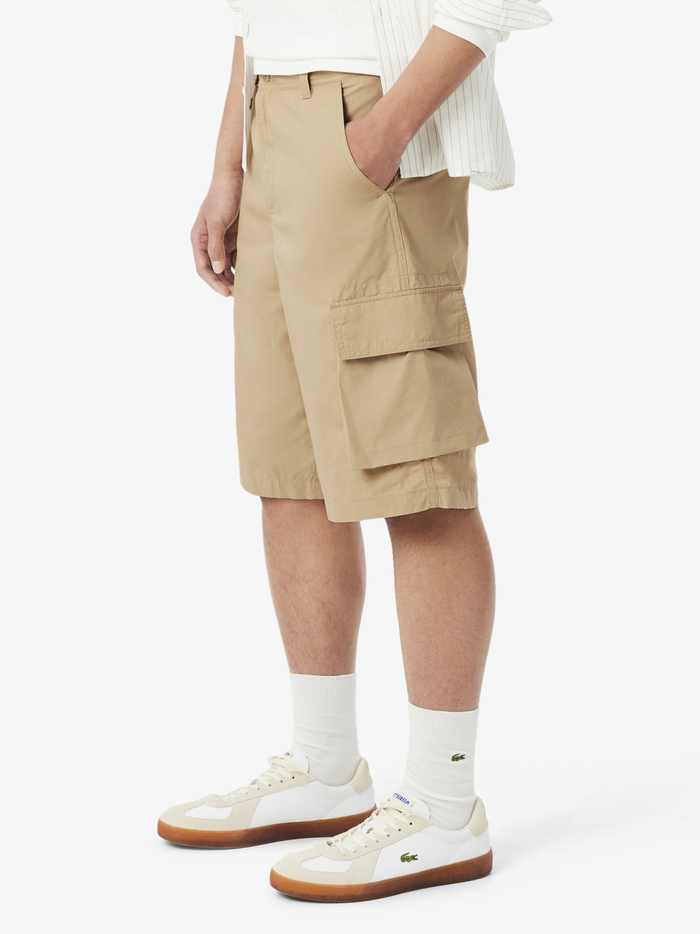 LACOSTE Straight Fit Cotton Twill Cargo Bermuda Shorts Beige