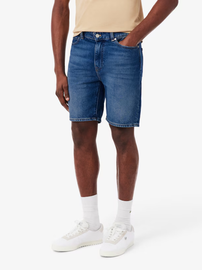 LACOSTE Straight Fit Denim Bermuda Shorts Blue - MAISONDEFASHION.COM