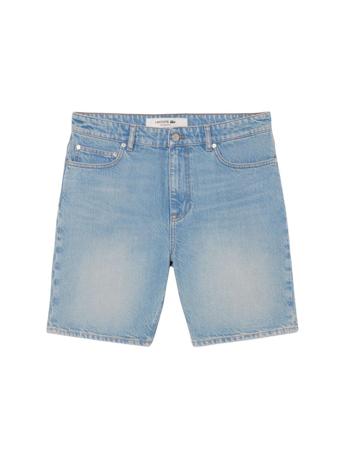 LACOSTE straight fit denim Bermuda shorts in light blue wash with embroidered crocodile logo