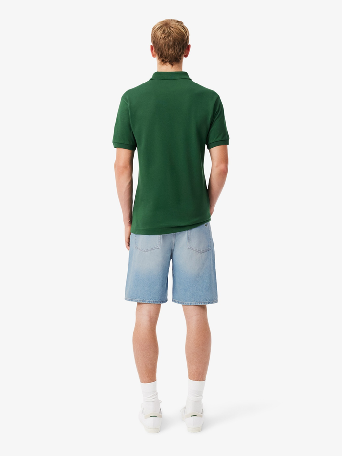 LACOSTE men's straight fit denim Bermuda shorts in light blue with embroidered crocodile on back pocket