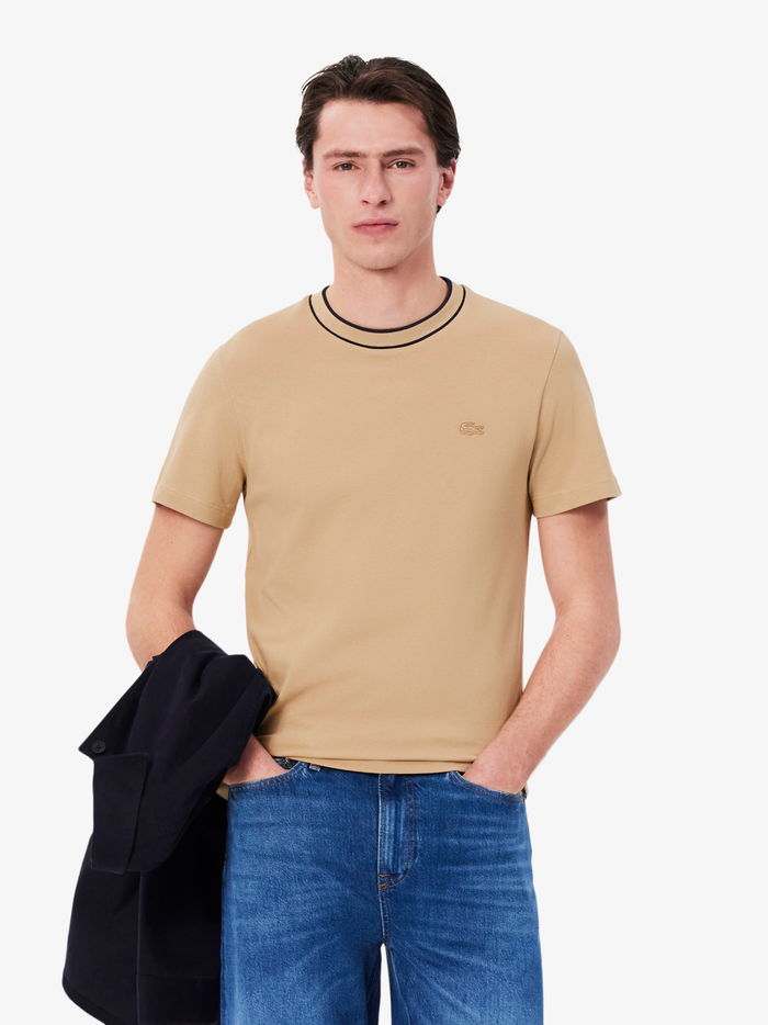 LACOSTE Stretch Piqué Stripe Collar T-shirt Beige - MAISONDEFASHION.COM