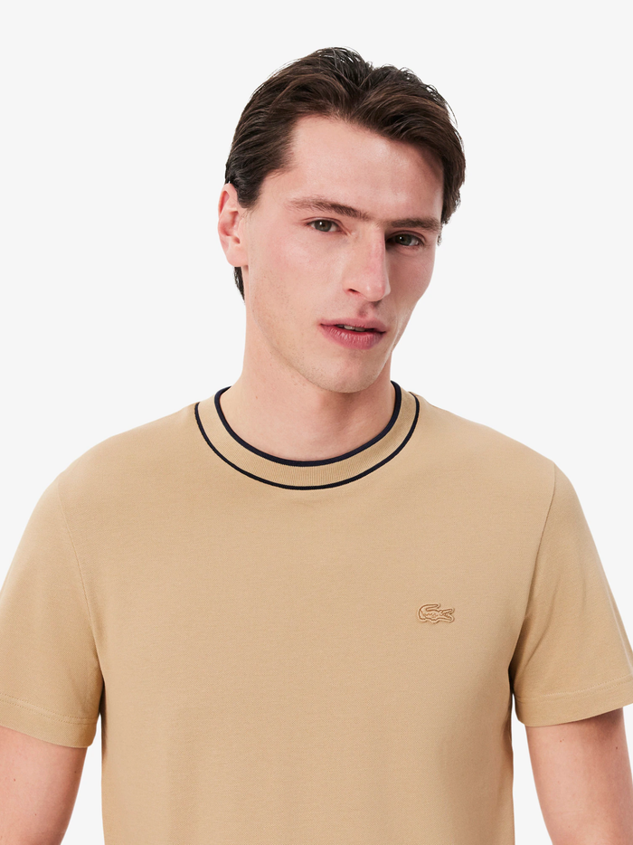 LACOSTE Stretch Piqué Stripe Collar T-shirt Beige - MAISONDEFASHION.COM