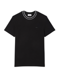 LACOSTE Stretch Piqué Stripe Collar T-shirt in Black - front view showing distinctive striped collar detail and iconic crocodile logo