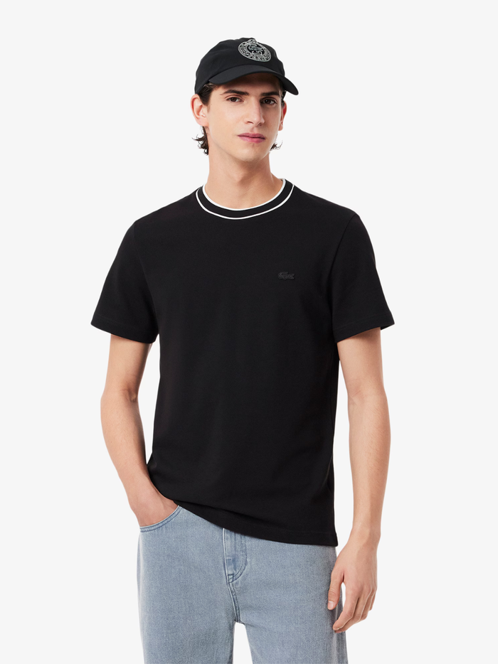 LACOSTE Stretch Piqué Stripe Collar T-shirt Black - back view displaying clean design and premium stretch piqué fabric