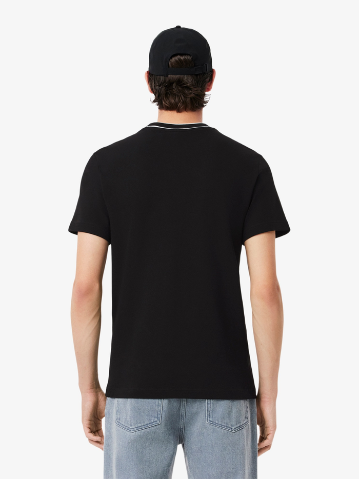 LACOSTE Stretch Piqué Stripe Collar T-shirt Black - fabric texture detail showing premium stretch piqué cotton quality