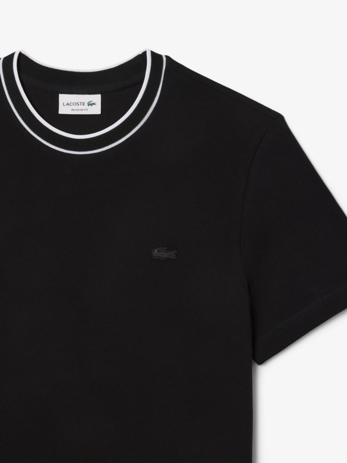 LACOSTE Stretch Piqué Stripe Collar T-shirt Black - lifestyle shot showcasing versatile styling and sophisticated design