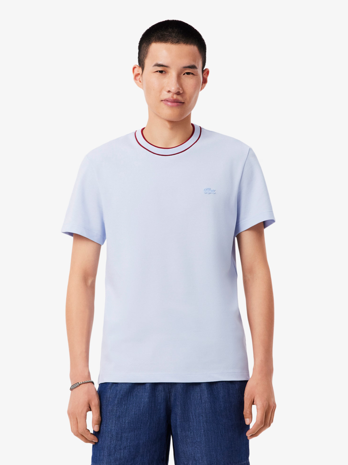 LACOSTE Stretch Piqué Stripe Collar T-shirt Light Blue - MAISONDEFASHION.COM