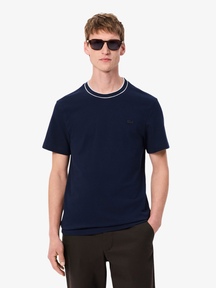 LACOSTE Stretch Piqué Stripe Collar T-shirt Midnight Blue - MAISONDEFASHION.COM